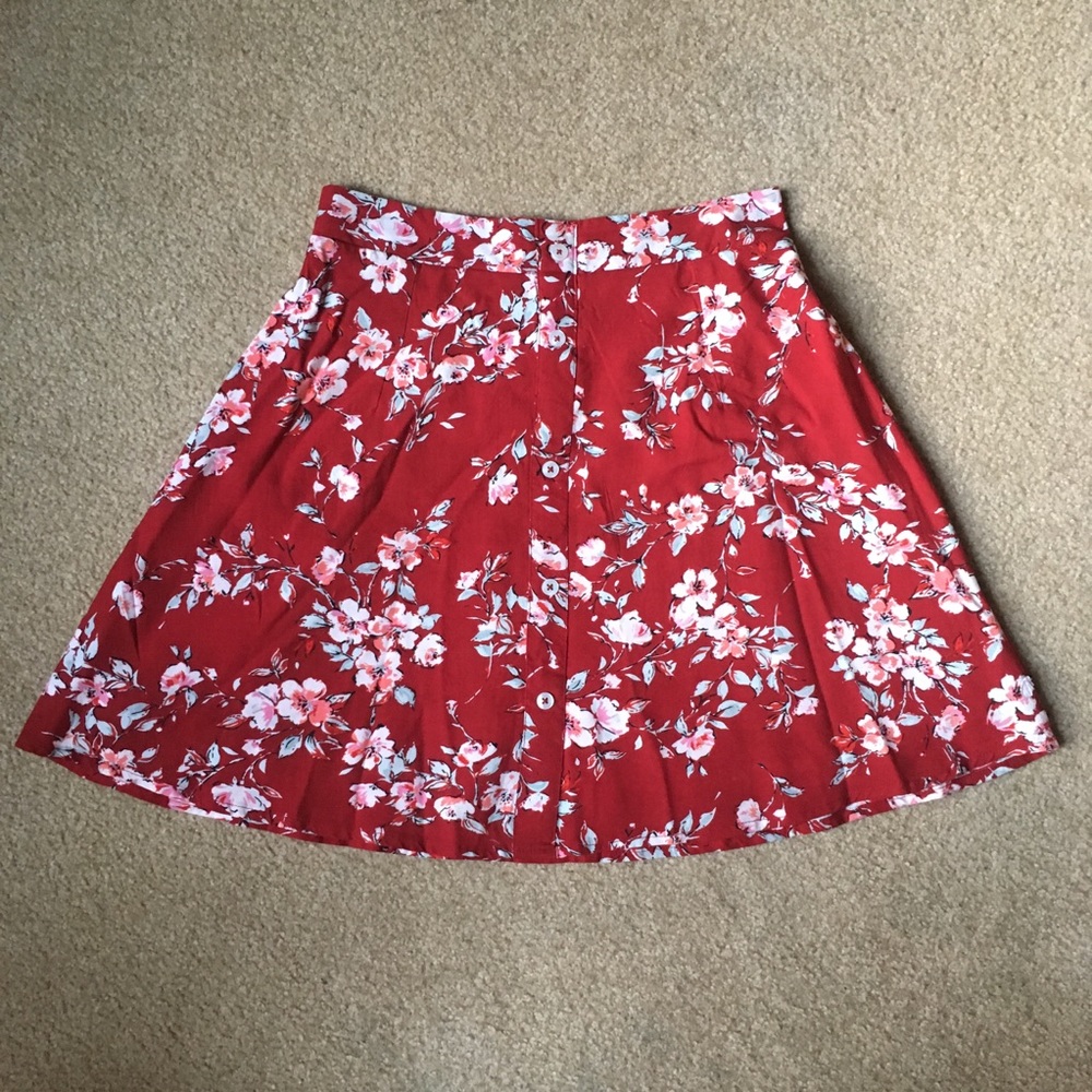 Red and white floral skater skirt with buttons